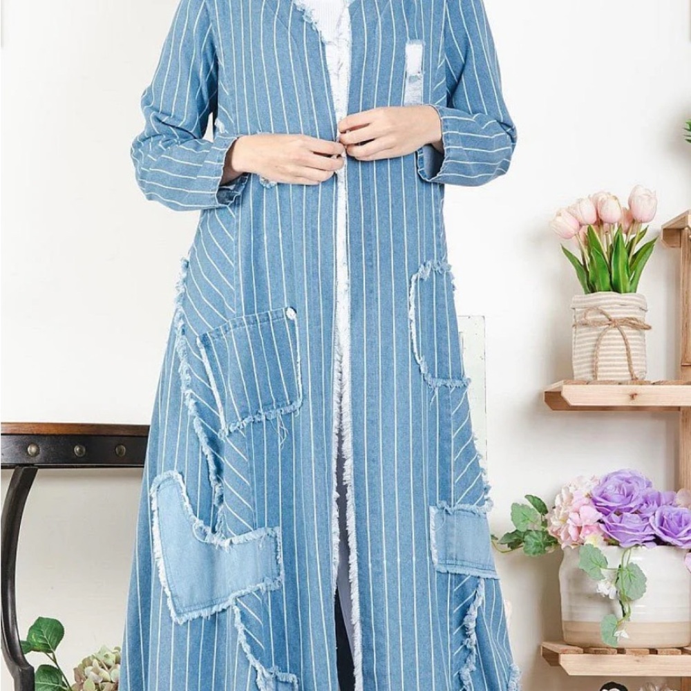 The Everyday casual long sleeve frayed denim duster jacket - Picture 3 of 6